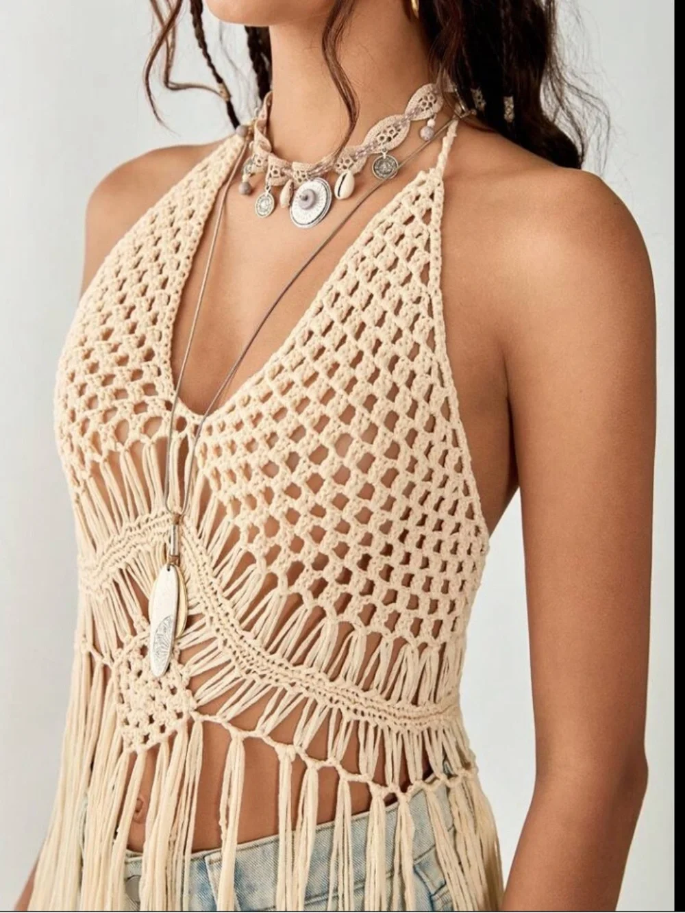 Bohemian Festival Crochet Halter Fringe Top in Cream - Picture 2 of 7